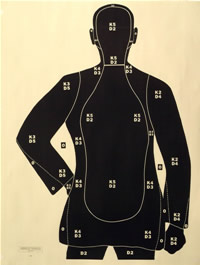 A black and white target with the silhouette of a woman.