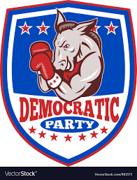 A donkey wearing boxing gloves in front of the words democratic party.